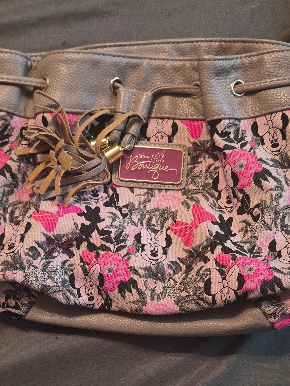 Disney Pink Floral Minnie Drawstring Shoulder Bag with Tan Trim